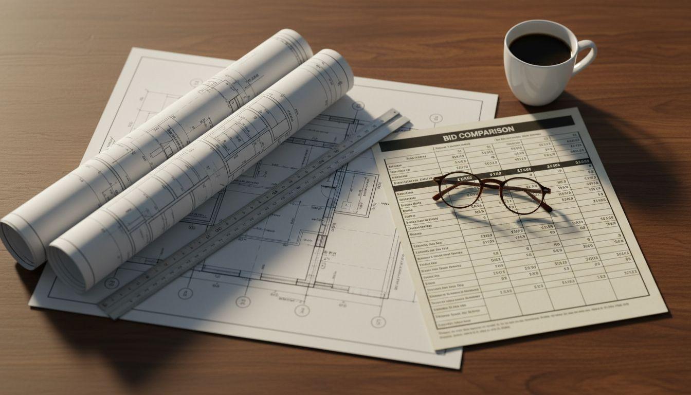 Architectural blueprints and a bid comparison on a walnut desk